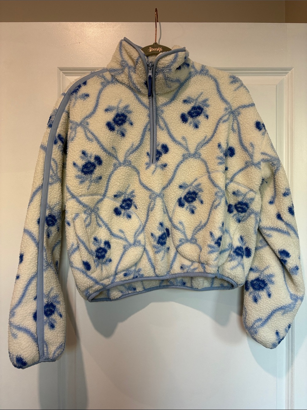 Old Navy Cream and Blue Floral Sherpa Quarter-Zip Pullover
